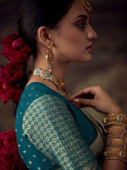 Glamorous Teal Blue Zari Woven Georgette Festival Wear Saree