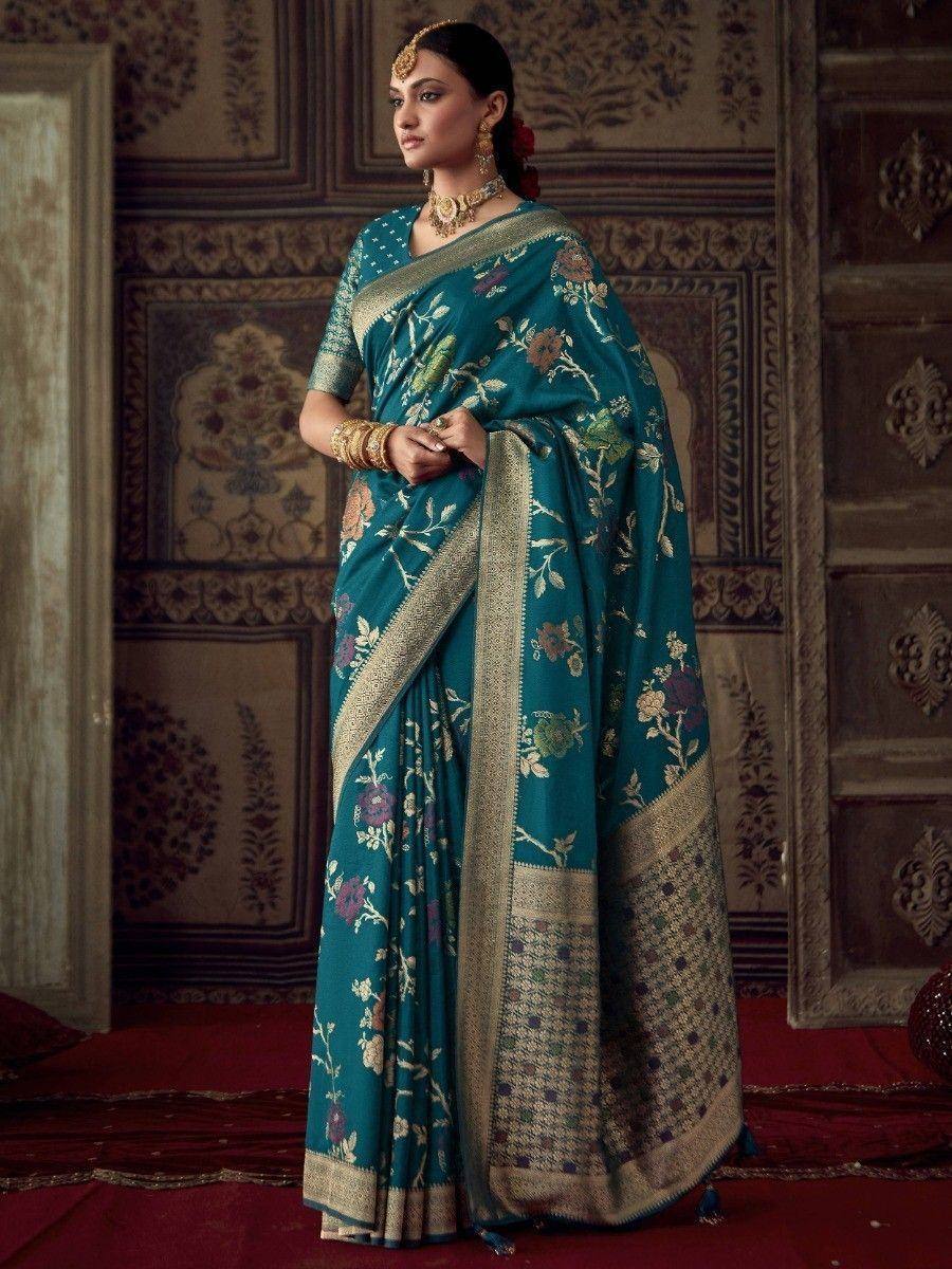 Teal floral saree with gold border, Indian ethnic wear for women