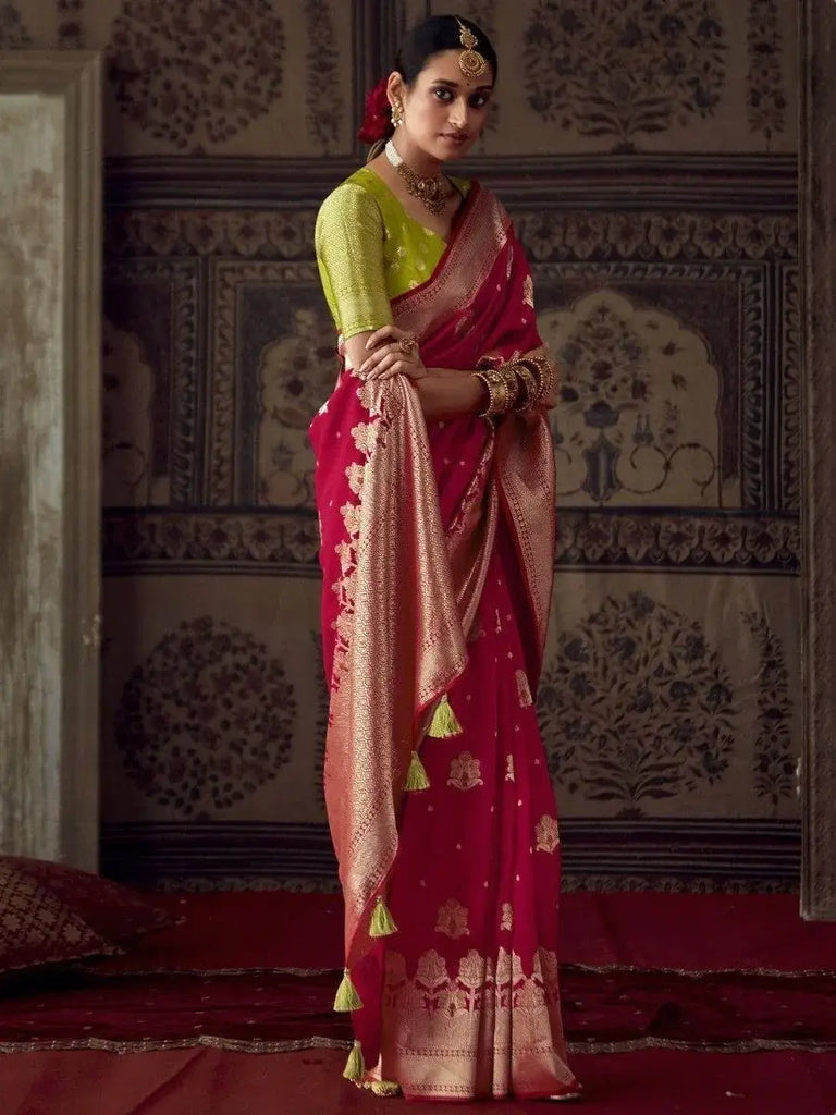 Bewitching Red Zari Weaving Georgette Wedding Saree With Blouse