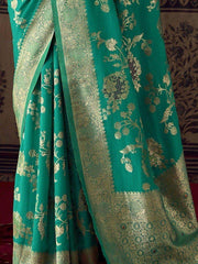 Gorgeous Teal Green Zari Weaving Georgette Function Wear Saree