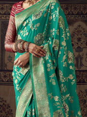 Gorgeous Teal Green Zari Weaving Georgette Function Wear Saree