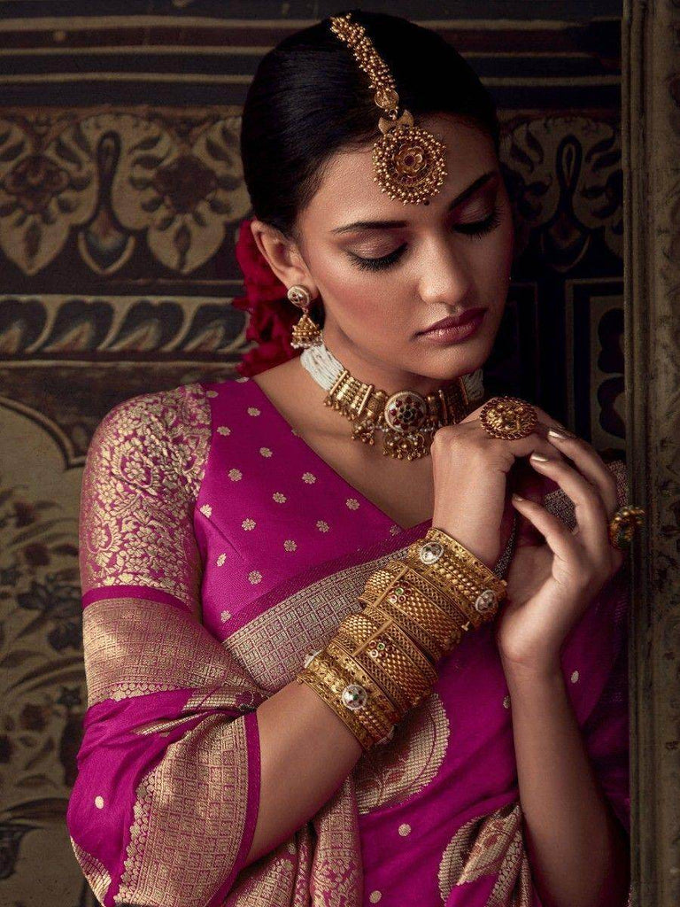 Stunning Rani Pink Zari Woven Georgette Traditional Saree With Blouse