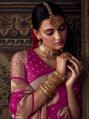 Stunning Rani Pink Zari Woven Georgette Traditional Saree With Blouse