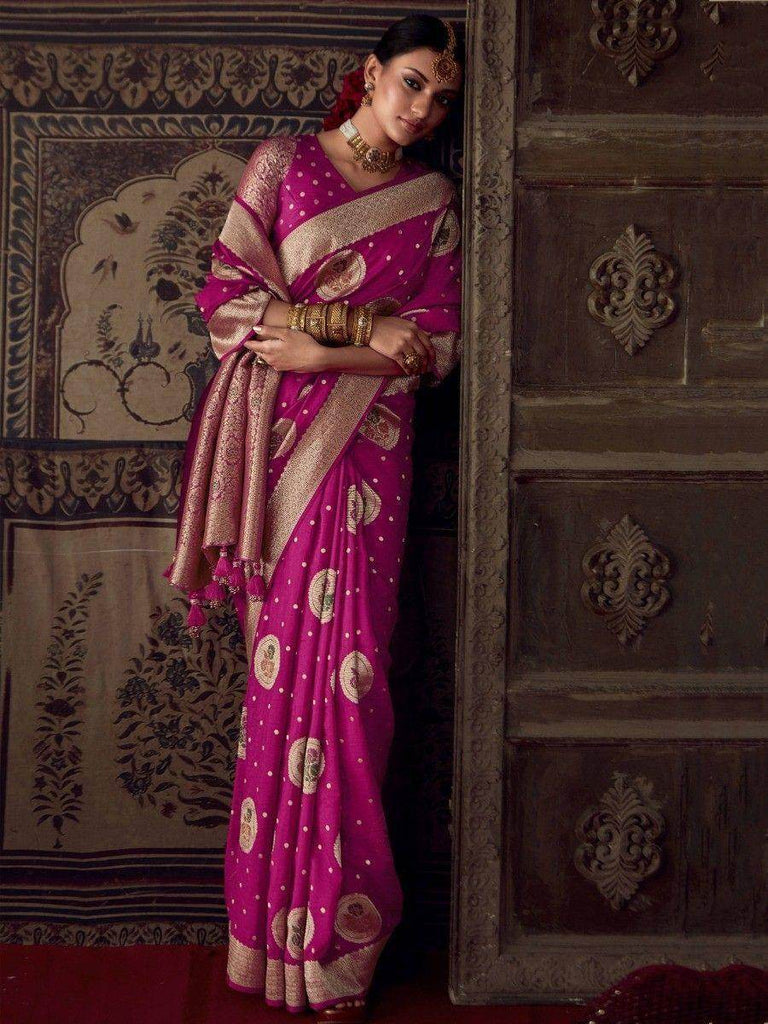 Stunning Rani Pink Zari Woven Georgette Traditional Saree With Blouse