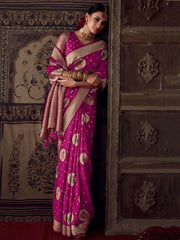 Stunning Rani Pink Zari Woven Georgette Traditional Saree With Blouse
