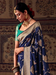 Attractive Blue Zari Weaving Georgette Festival Wear Saree With Blouse