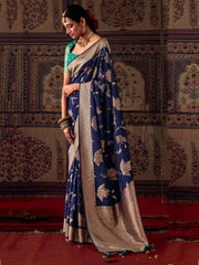 Attractive Blue Zari Weaving Georgette Festival Wear Saree With Blouse