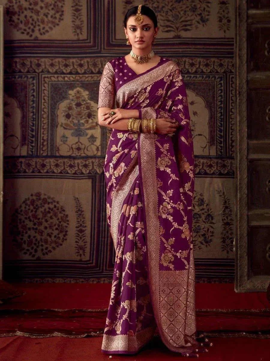 Purple floral saree with gold embroidery, traditional Indian ethnic wear for women