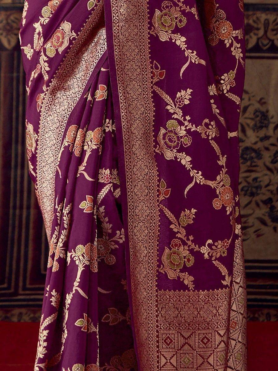 Purple floral embroidered saree with golden border, Indian ethnic wear