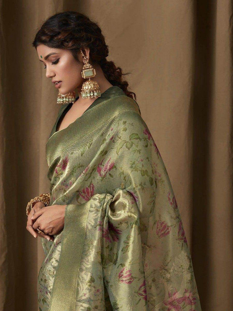 Stunning Green Floral Print Jacquard Wedding Wear Saree With Blouse