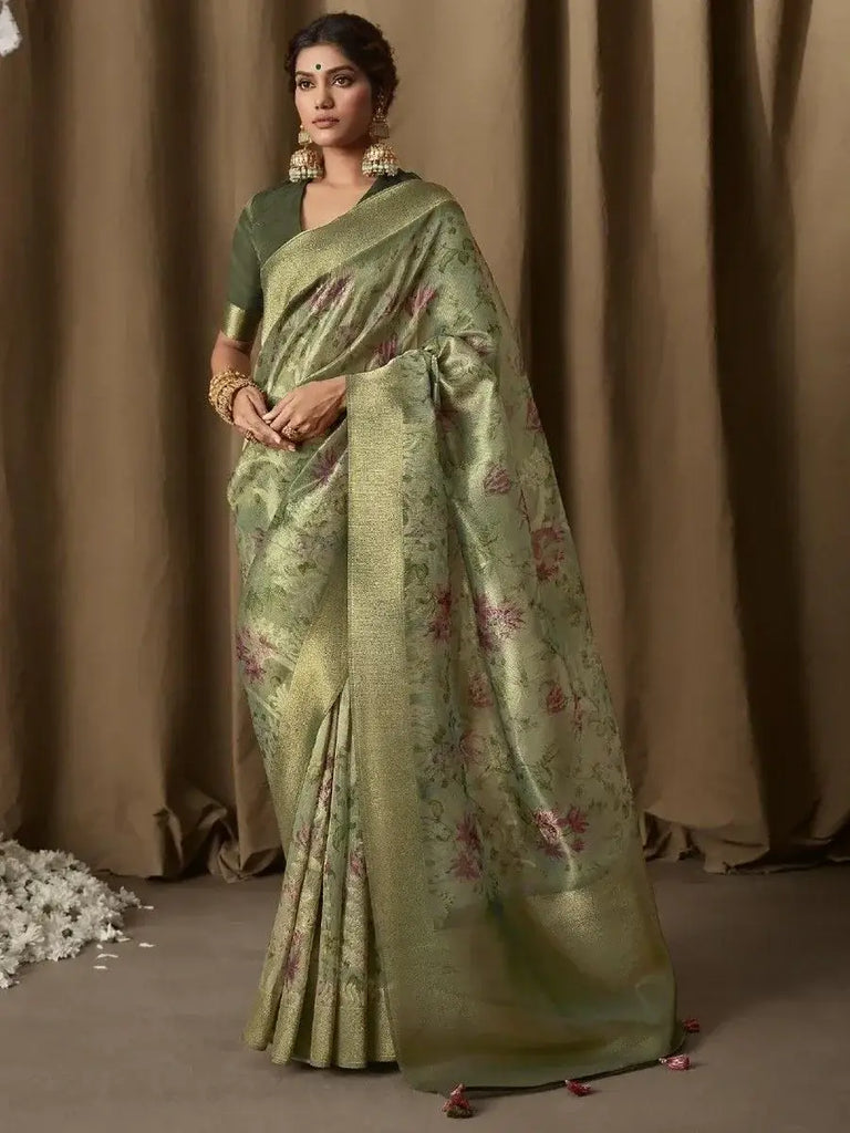 Stunning Green Floral Print Jacquard Wedding Wear Saree With Blouse