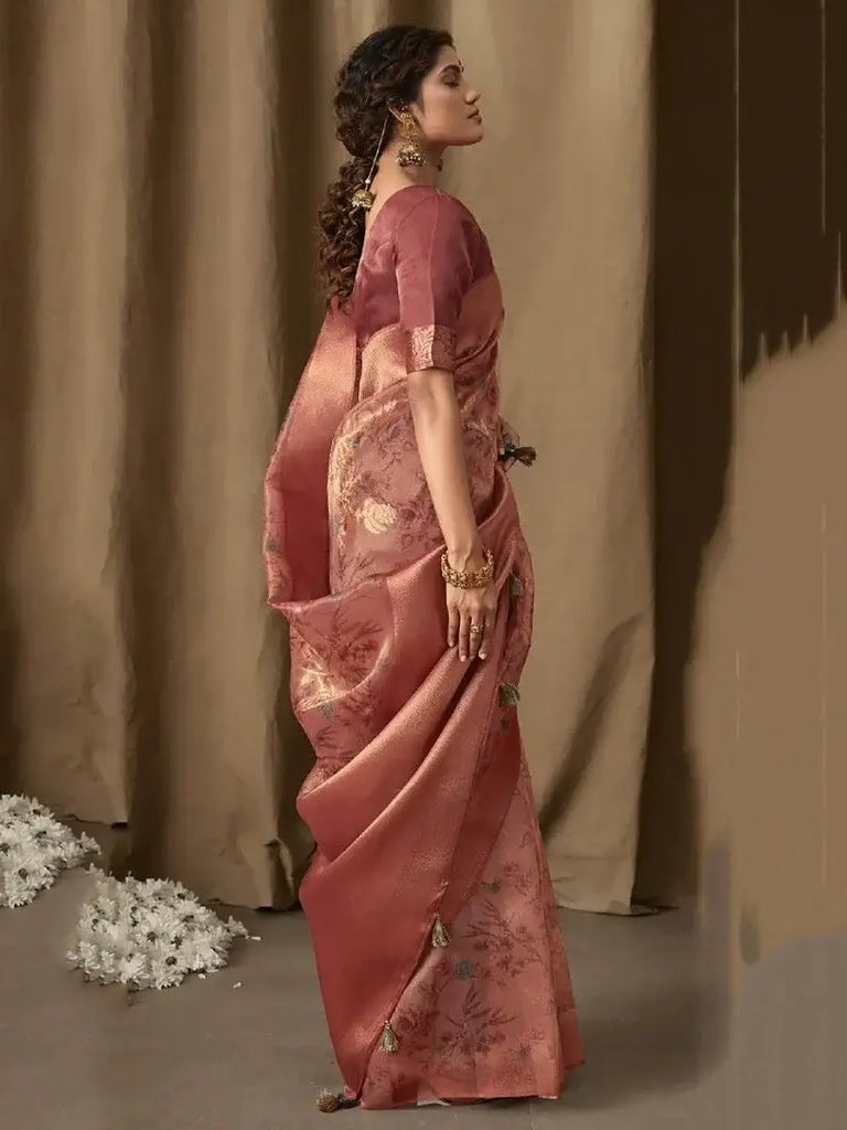 Gorgeous Mauve Floral Print Jacquard Traditional Saree With Blouse