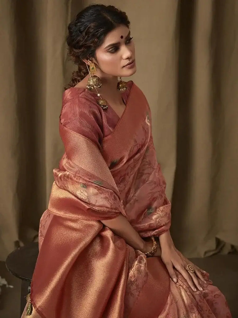 Gorgeous Mauve Floral Print Jacquard Traditional Saree With Blouse
