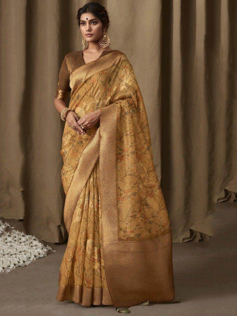 Fascinating Brown Floral Print Jacquard Reception Wear Saree