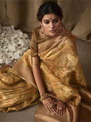 Fascinating Brown Floral Print Jacquard Reception Wear Saree
