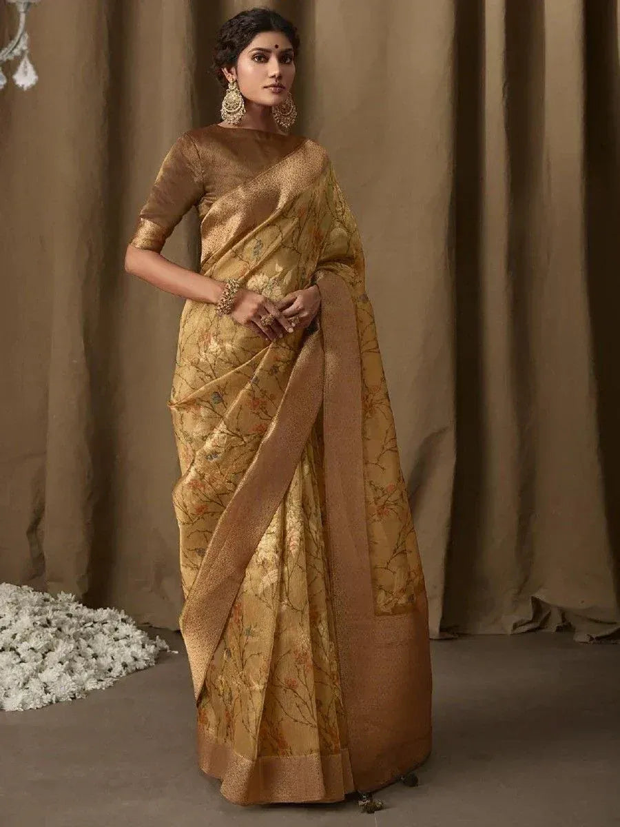 Golden floral printed saree with matching blouse, ethnic Indian wear for women