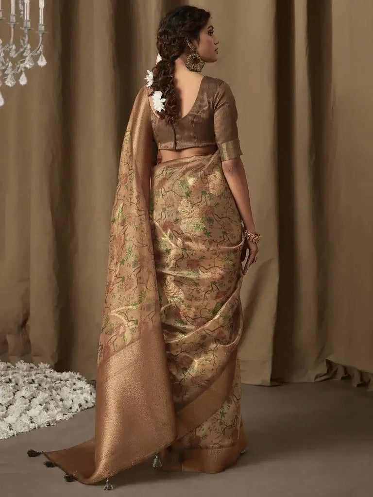 Incredible Golden Zari Weaving Jacquard Festival Wear Saree With Blouse
