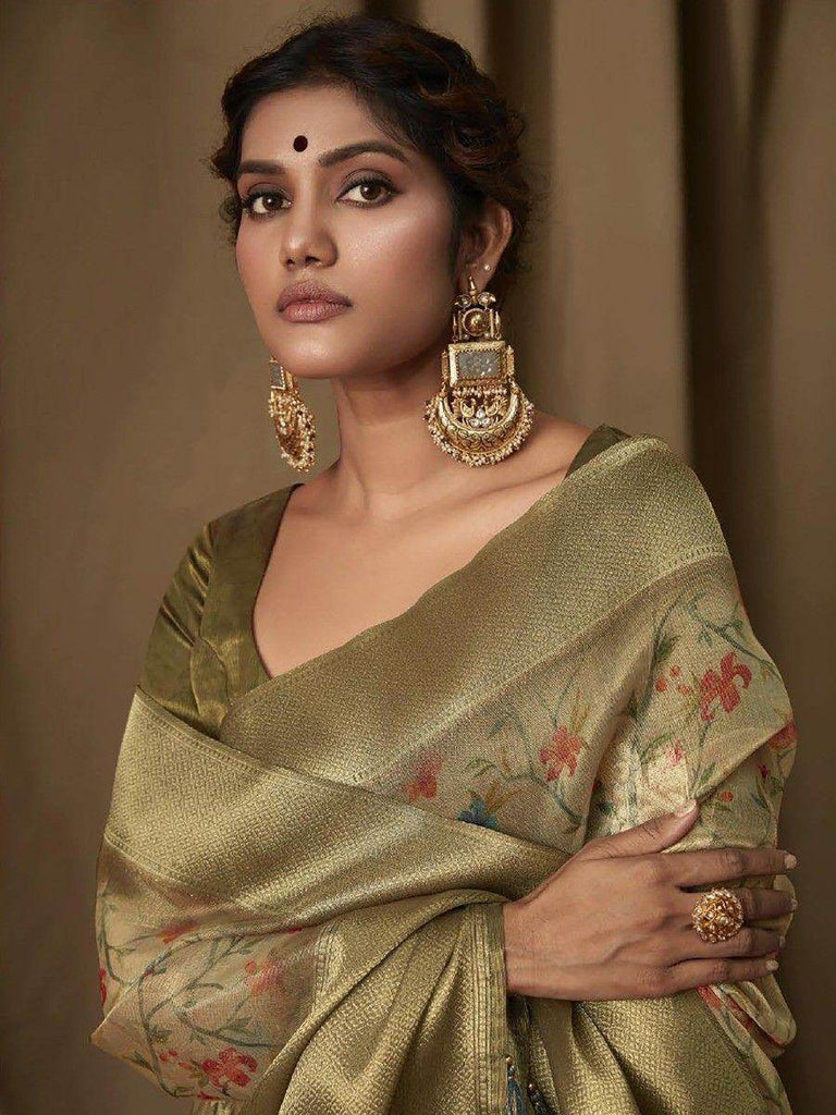 Attractive Light Green Floral Printed Jacquard Traditional Saree