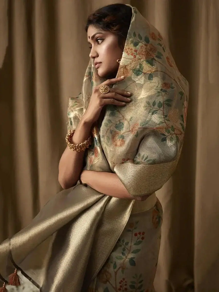 Awesome Dusty Green Zari Woven Jacquard Saree With Blouse