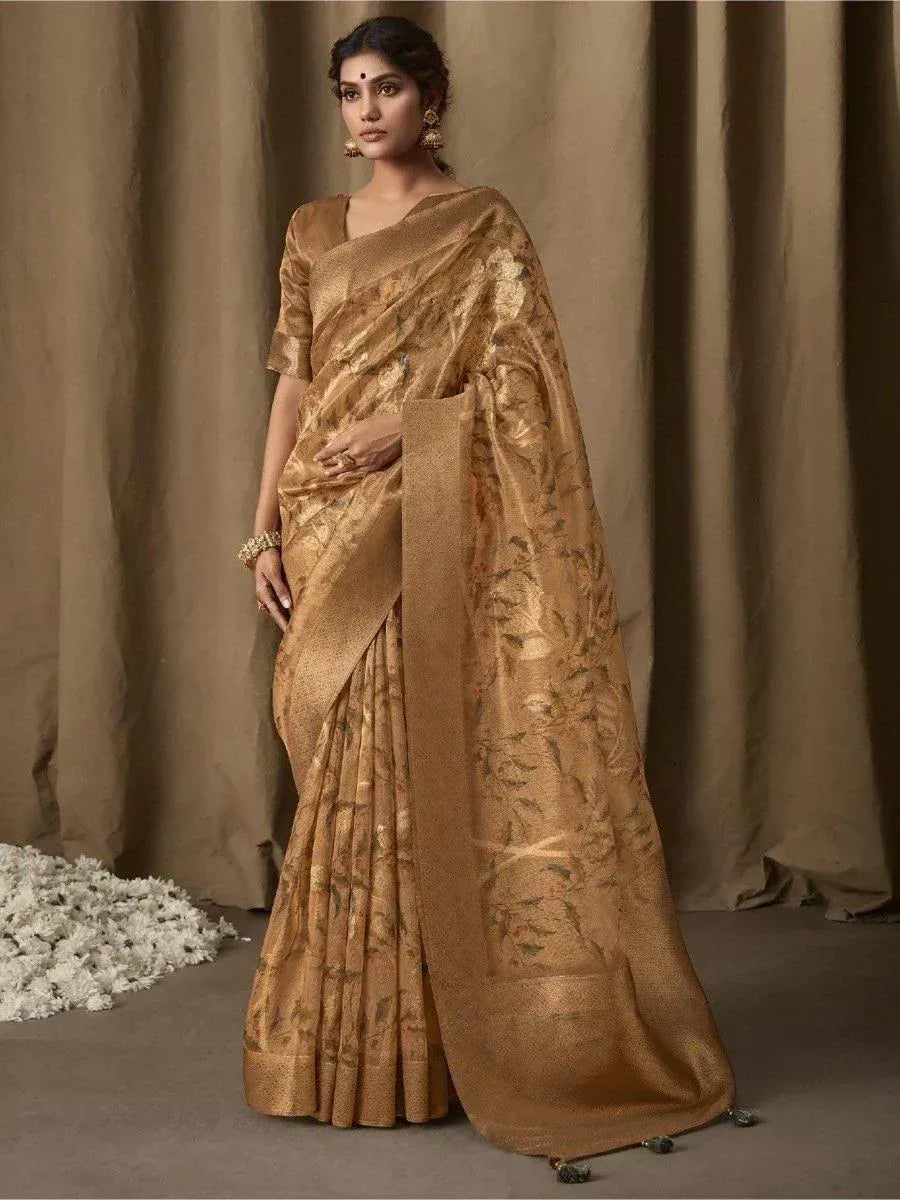 Elegant gold floral saree with matching blouse, perfect for Indian ethnic occasions
