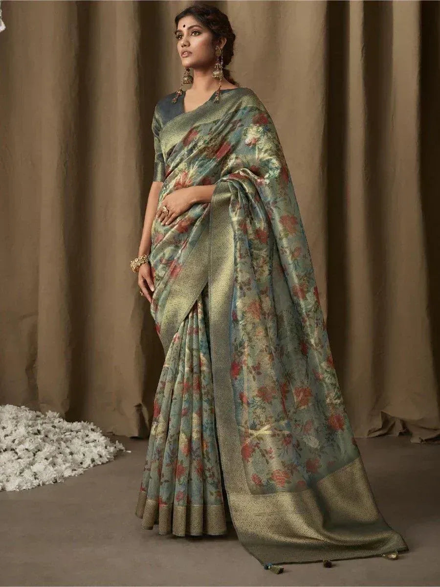 Elegant floral print saree with golden border, perfect for Indian ethnic wear occasions