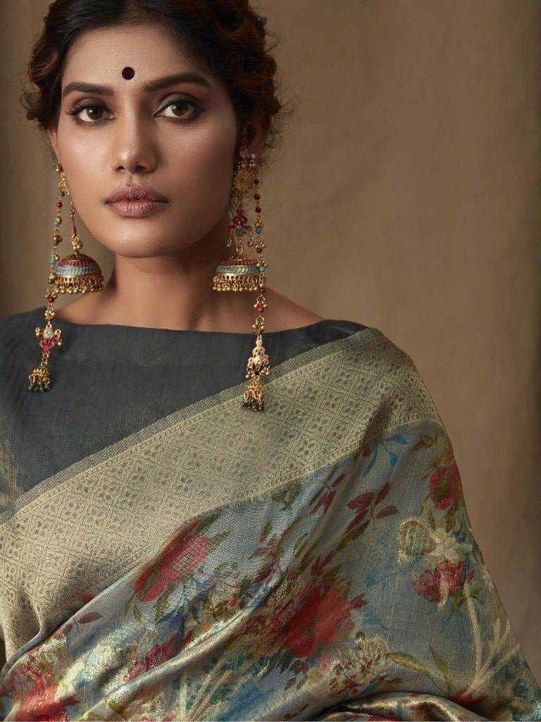 Precious Dusty Blue Floral Printed Jacquard Reception Wear Saree
