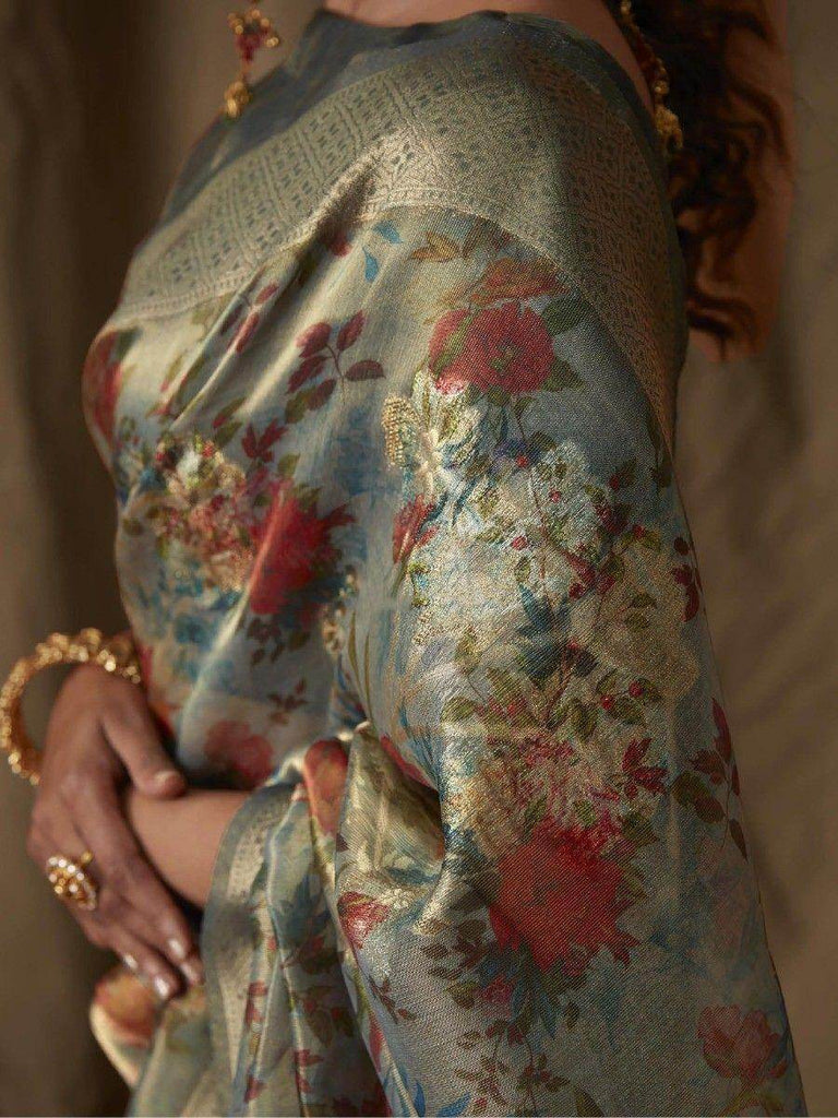 Precious Dusty Blue Floral Printed Jacquard Reception Wear Saree