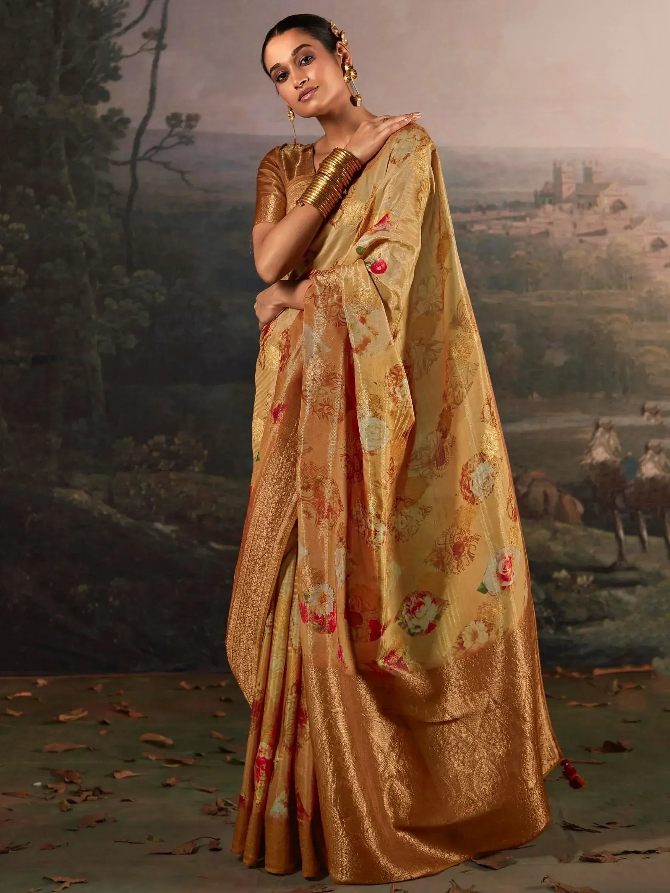 Golden floral saree with designer blouse, ethnic Indian wear for festive occasions