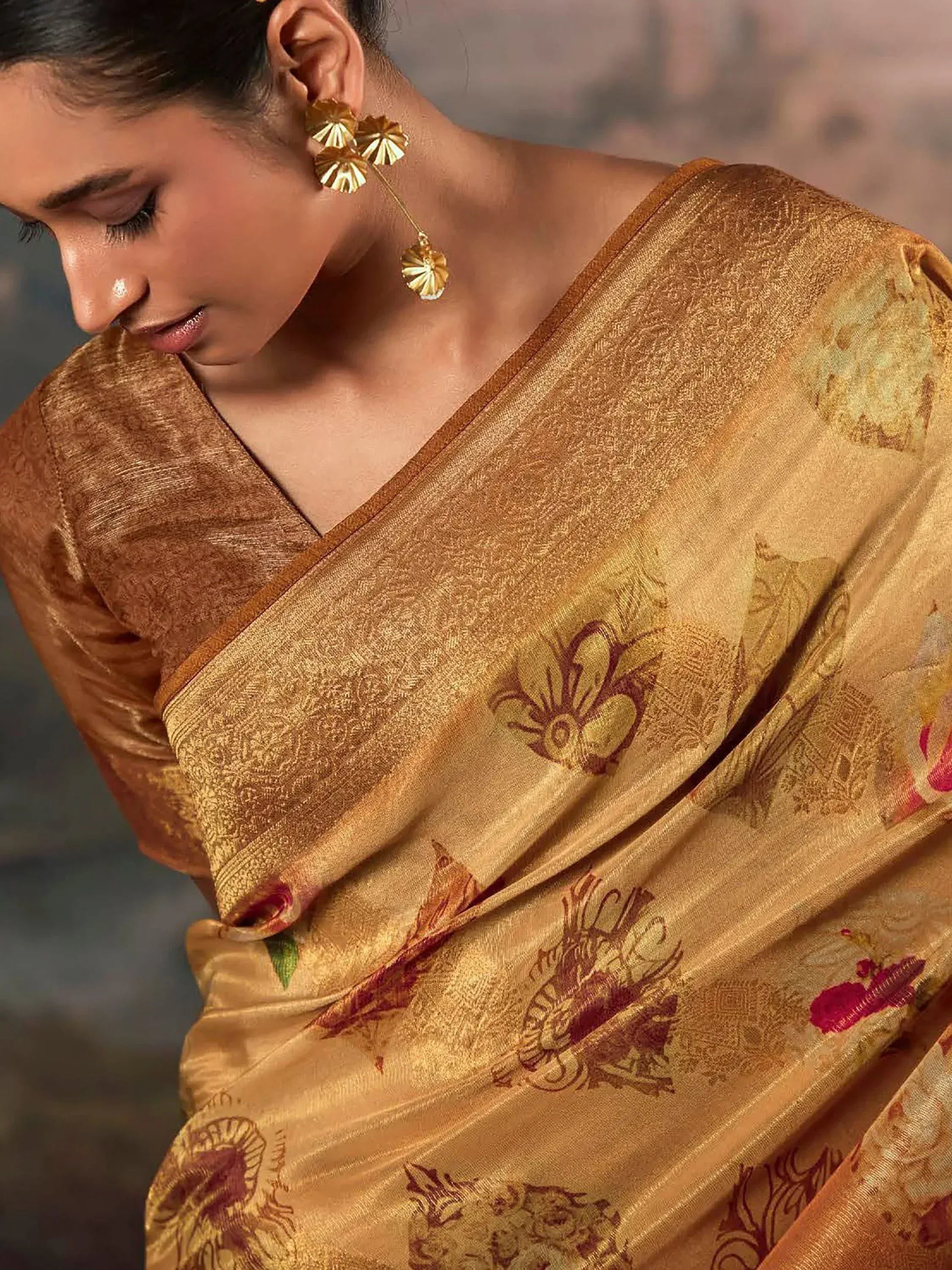 Golden floral print saree with matching blouse, elegant ethnic wear for women