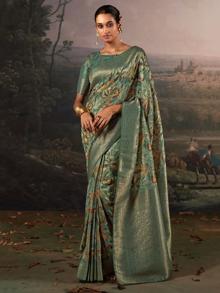 Enchanting Teal Green Floral Printed Silk Event Wear Saree With Blouse