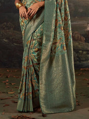 Enchanting Teal Green Floral Printed Silk Event Wear Saree With Blouse