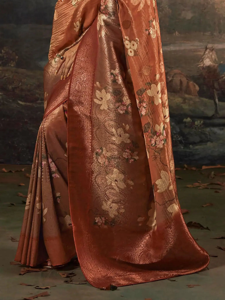 Charming Brown Floral Printed Silk Function Wear Saree With Blouse