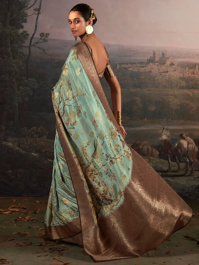 Precious Sage Green Floral Printed Silk Saree With Blouse