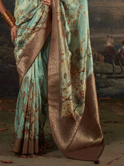 Precious Sage Green Floral Printed Silk Saree With Blouse