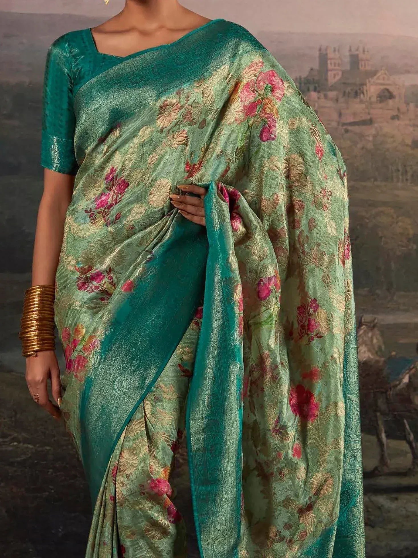 Teal floral embroidered saree with matching blouse, ethnic Indian wear