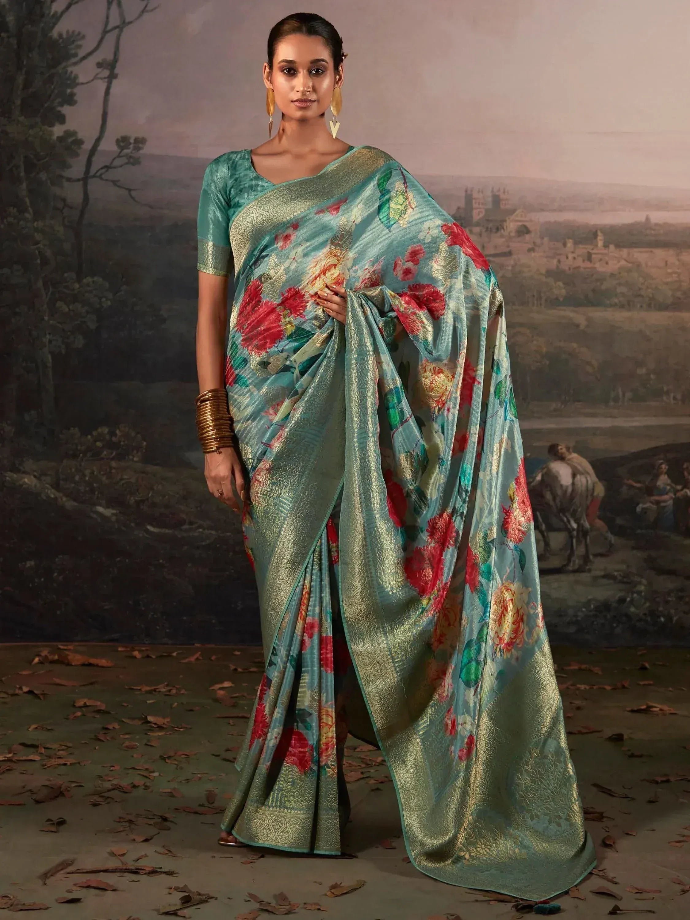 Teal floral saree with gold border, Indian ethnic wear for women