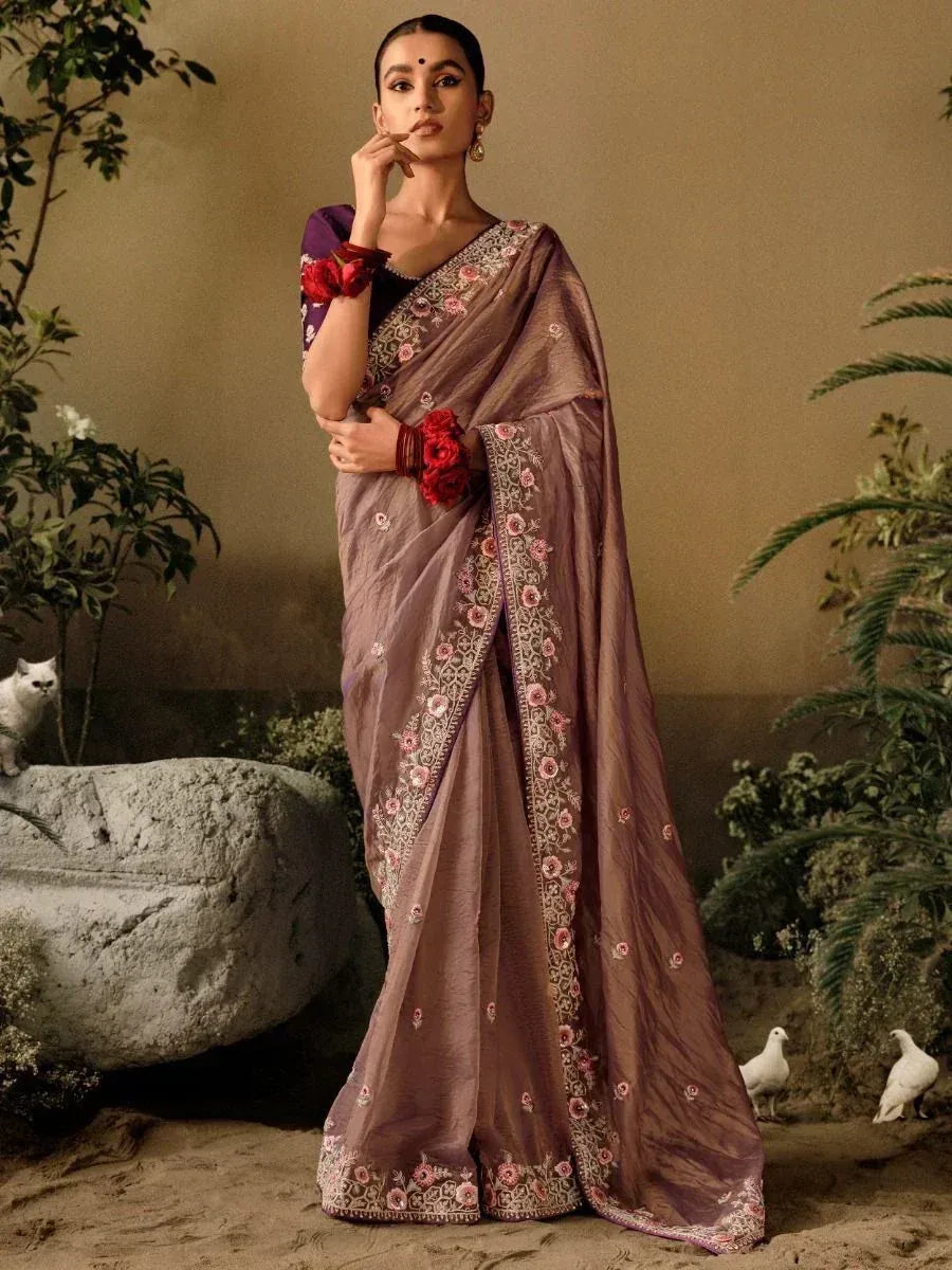 Elegant mauve saree with floral embroidery, perfect for Indian ethnic wear occasions