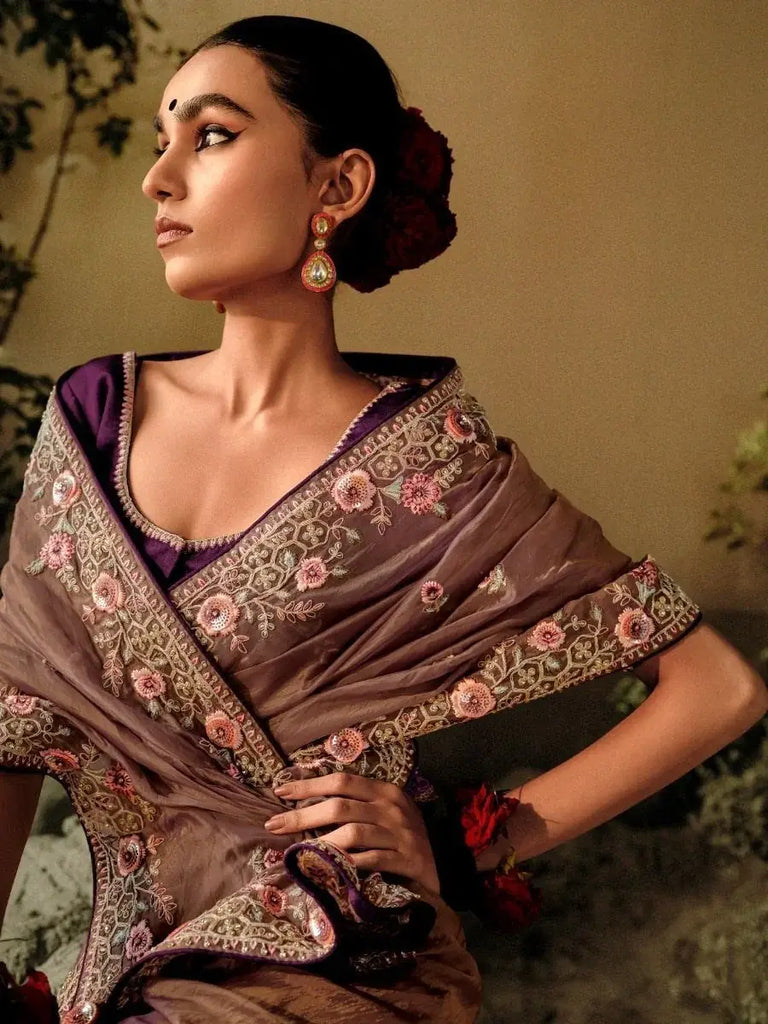 Charming Brown Embroidered Silk Wedding Wear Saree With Blouse