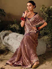 Charming Brown Embroidered Silk Wedding Wear Saree With Blouse