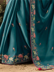 Glamorous Teal Blue Embroidered Silk Festival Wear Saree With Blouse