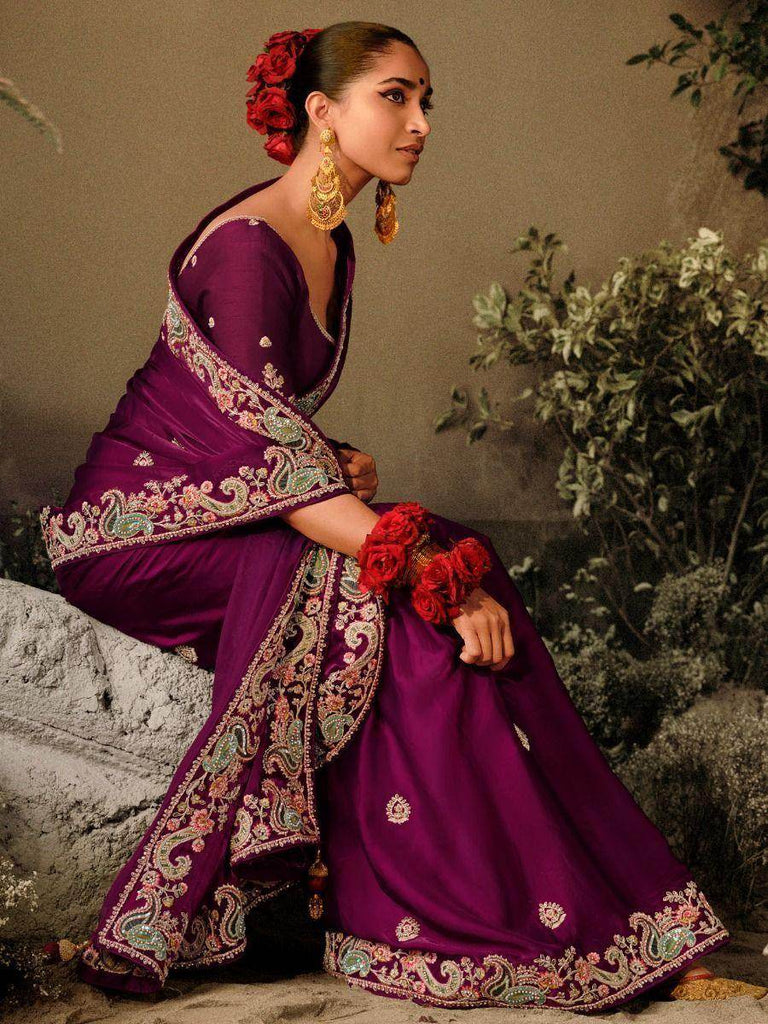 Enchanting Wine Embroidered Silk Designer Saree With Blouse