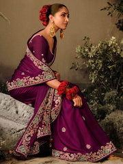 Enchanting Wine Embroidered Silk Designer Saree With Blouse