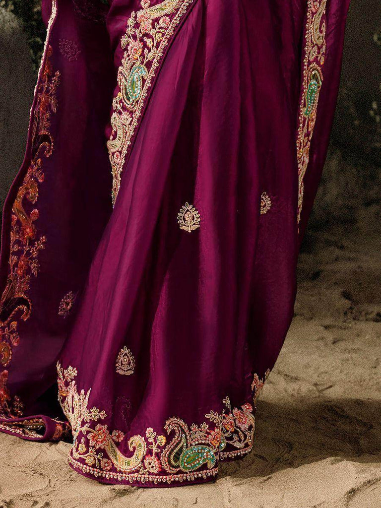 Enchanting Wine Embroidered Silk Designer Saree With Blouse