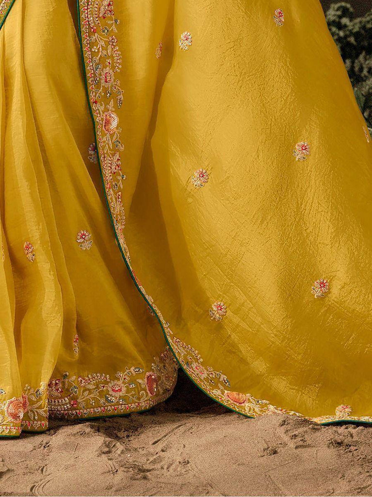 Marvelous Yellow Embroidered Silk Function Wear Saree With Blouse