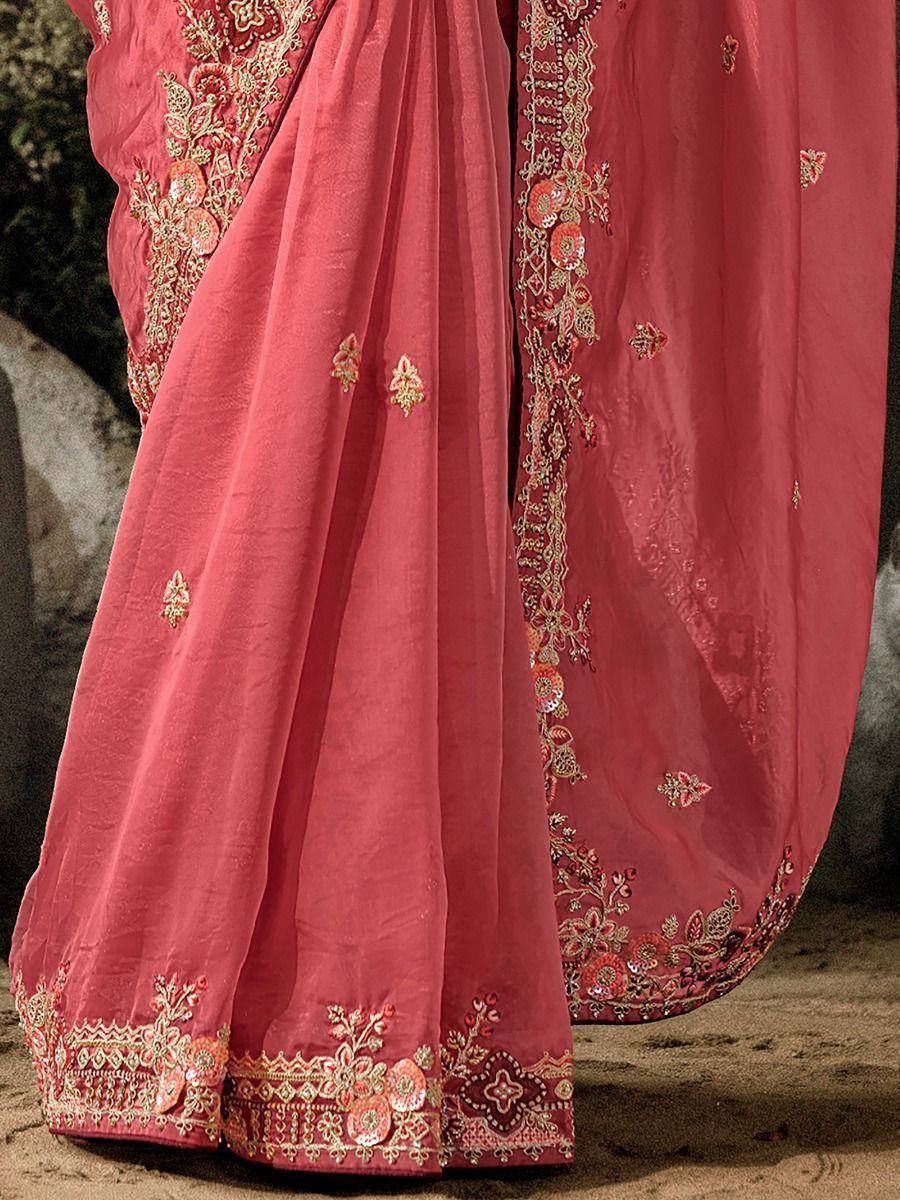 Pink embroidered saree with gold floral work, perfect for Indian ethnic wear occasions