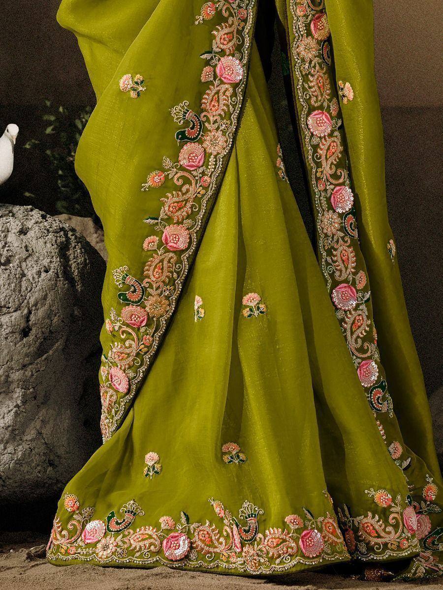 Olive green saree with floral and peacock embroidery, perfect for Indian ethnic wear occasions