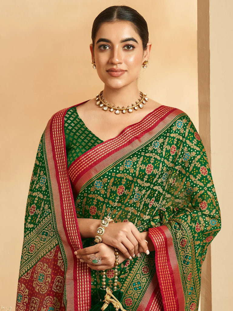 Beautiful Green Patola Printed Silk Traditional Saree With Blouse