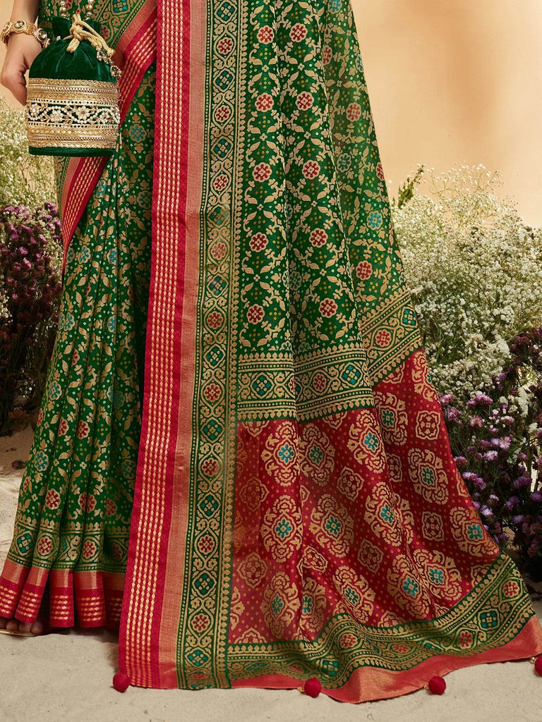 Beautiful Green Patola Printed Silk Traditional Saree With Blouse