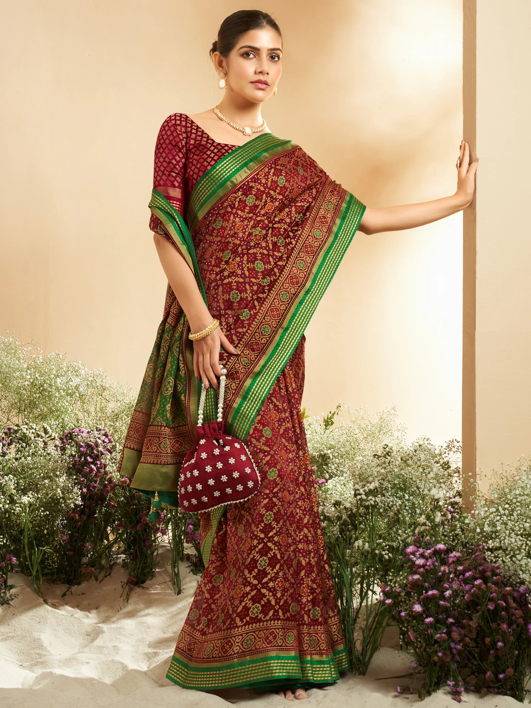 Dazzling Maroon Patola Printed Silk Wedding Wear Saree With Blouse