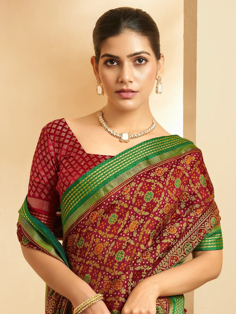 Dazzling Maroon Patola Printed Silk Wedding Wear Saree With Blouse